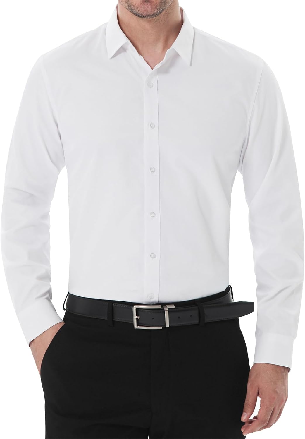 Men's Slim Fit Stretch Dress Shirt Solid Color Microelastic Long Sleeve Casual Soft Business Button Up Shirts
