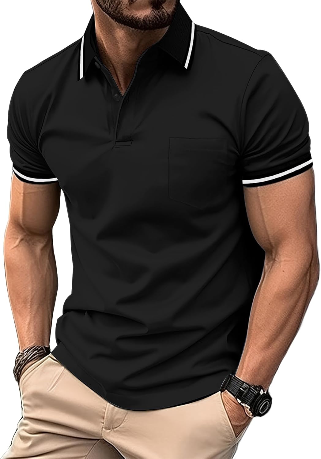 Mens Polo Shirts Casual Short Sleeve Athletic T-Shirts Classic Contrast Collar Shirt with Pocket
