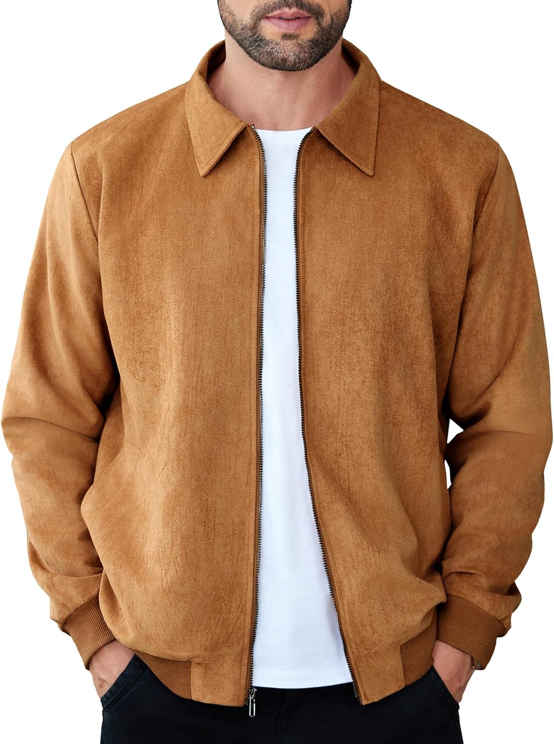 Men's Casual Suede Bomber Jacket Lightweight Full Zip Up Jackets Vintage Faux Leather Jacket