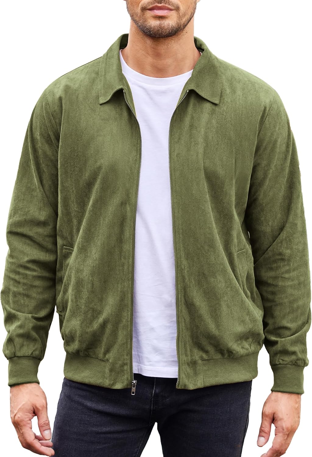 Men's Casual Suede Bomber Jacket Lightweight Full Zip Up Jackets Vintage Faux Leather Jacket