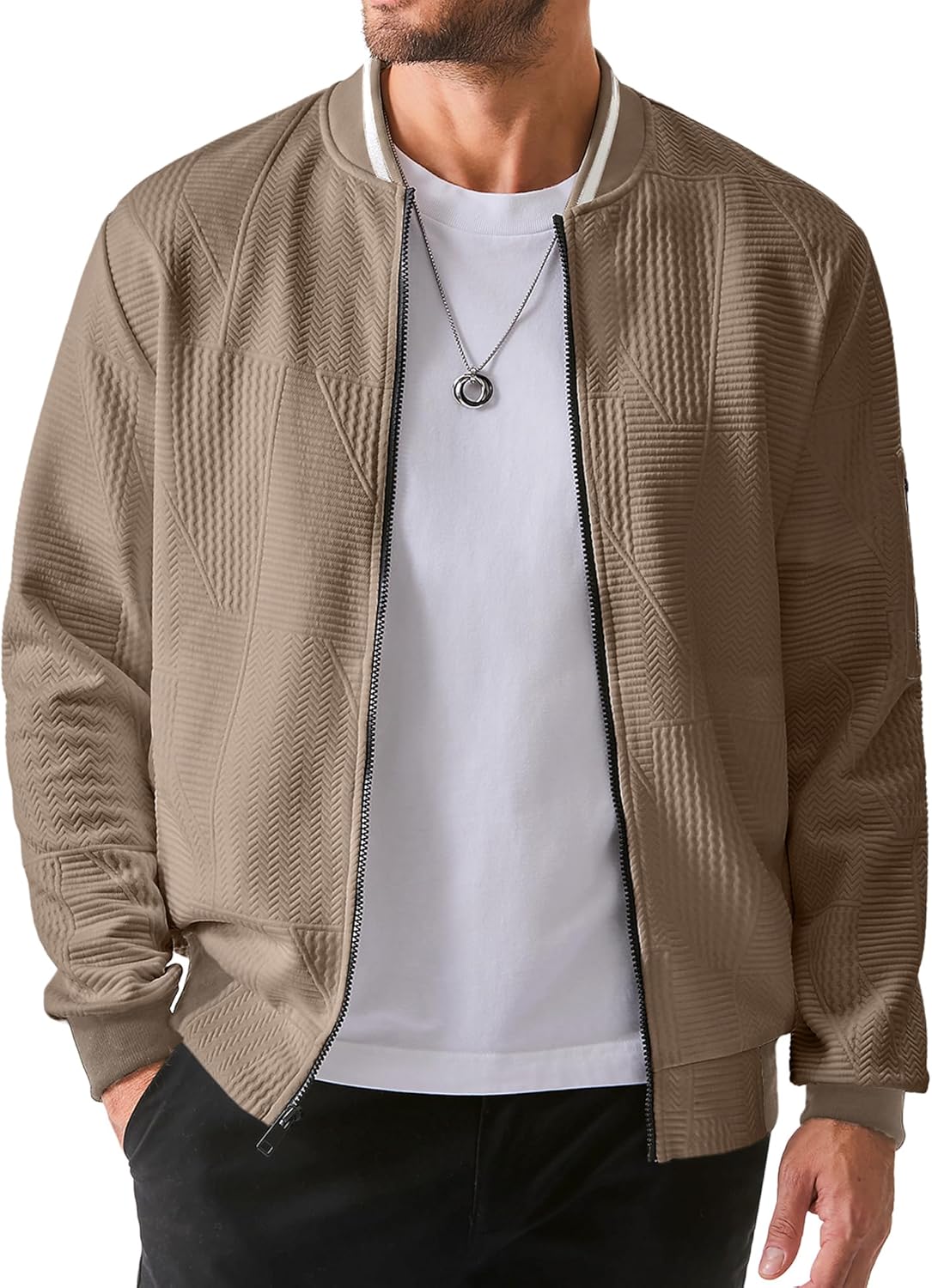 Mens Casual Jacquard Bomber Jackets Color-Block Lightweight Varsity Jacket Fashion Zipper Coat with Pockets