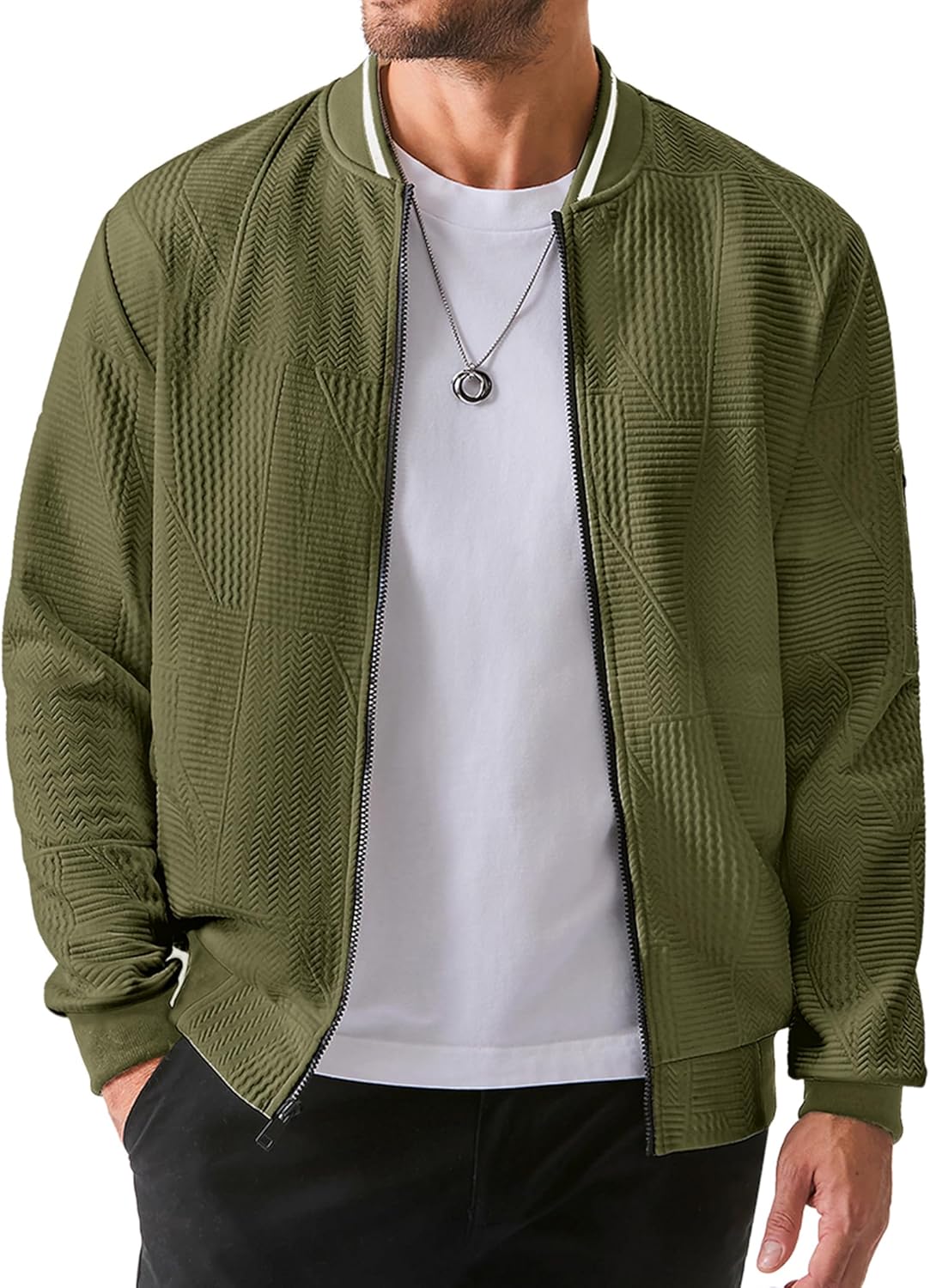 Mens Casual Jacquard Bomber Jackets Color-Block Lightweight Varsity Jacket Fashion Zipper Coat with Pockets