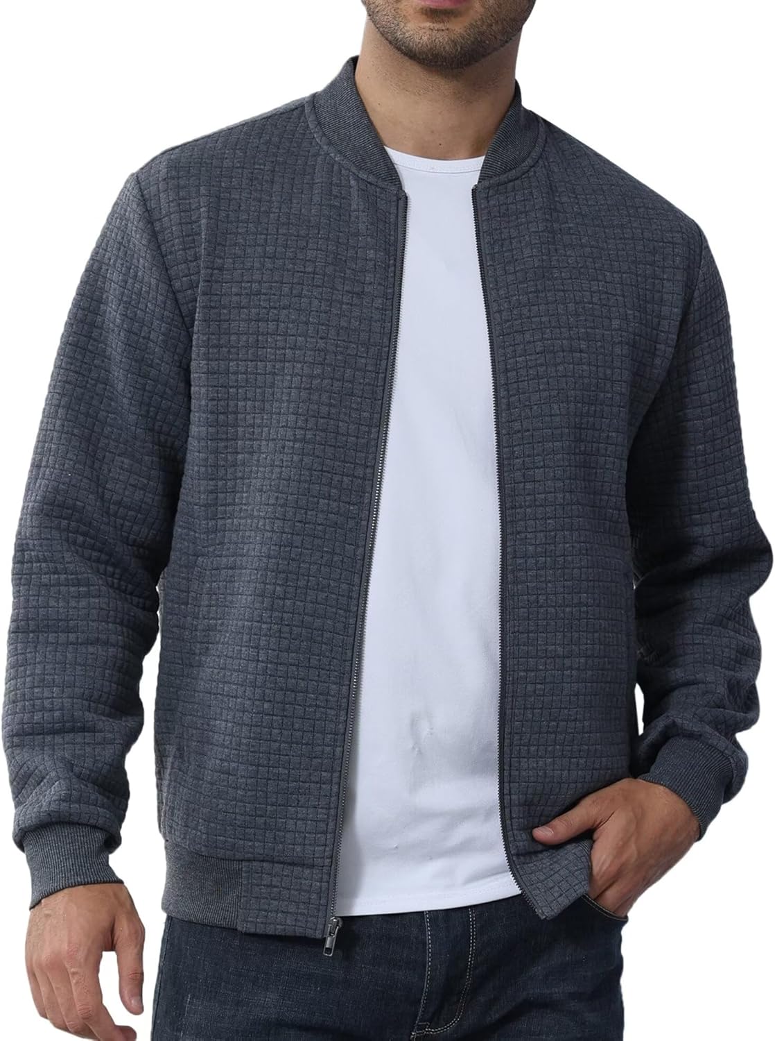 Mens Lightweight Bomber Jacket Casual Plaid Jacquard Varsity Jacket Coat with Zipper Pockets