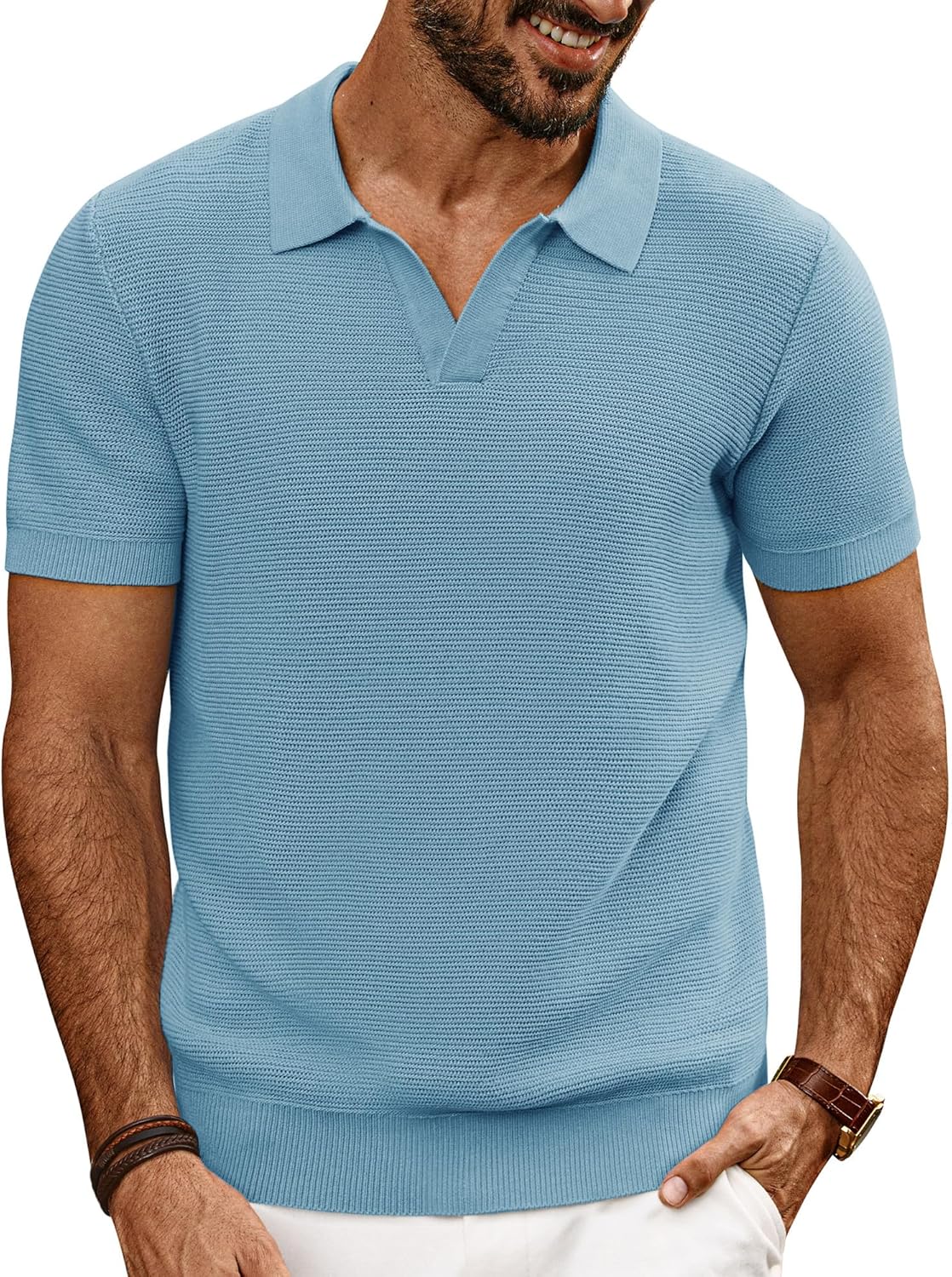 Mens Polo Shirts Short Sleeve Casual V Neck Ribbed Textured Knit Polo Shirt